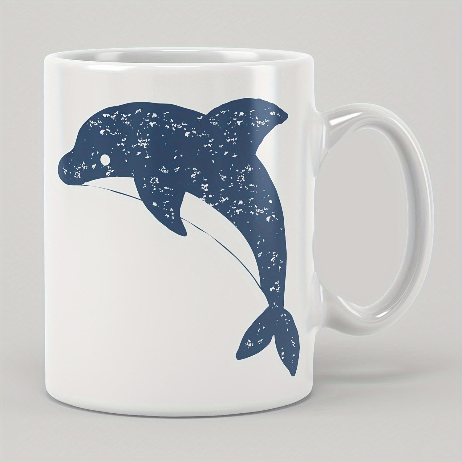 Tailorly White Ceramic 11 oz Mug - Blue Speckled Oceanic Creature Jumping Gracefully Above The Deep Blue Sea Dolphin