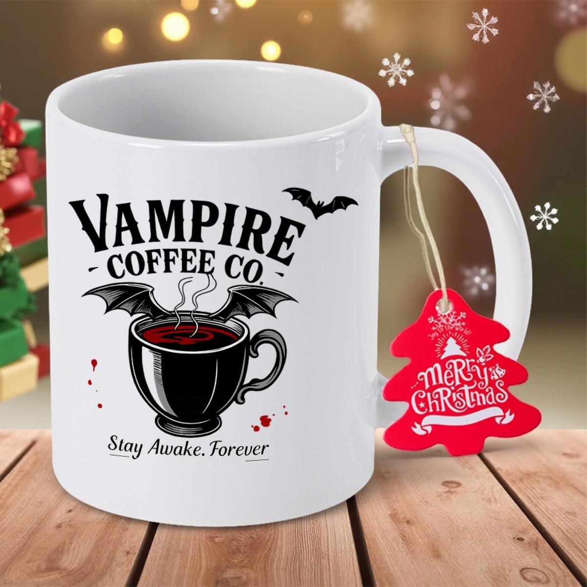 Tailorly White Ceramic 11 oz Mug - Vampire Coffee Co Stay Awake Forever Gothic Themed Dark Vessel With Majestic Bat Wings And Flying Silhouette Cup