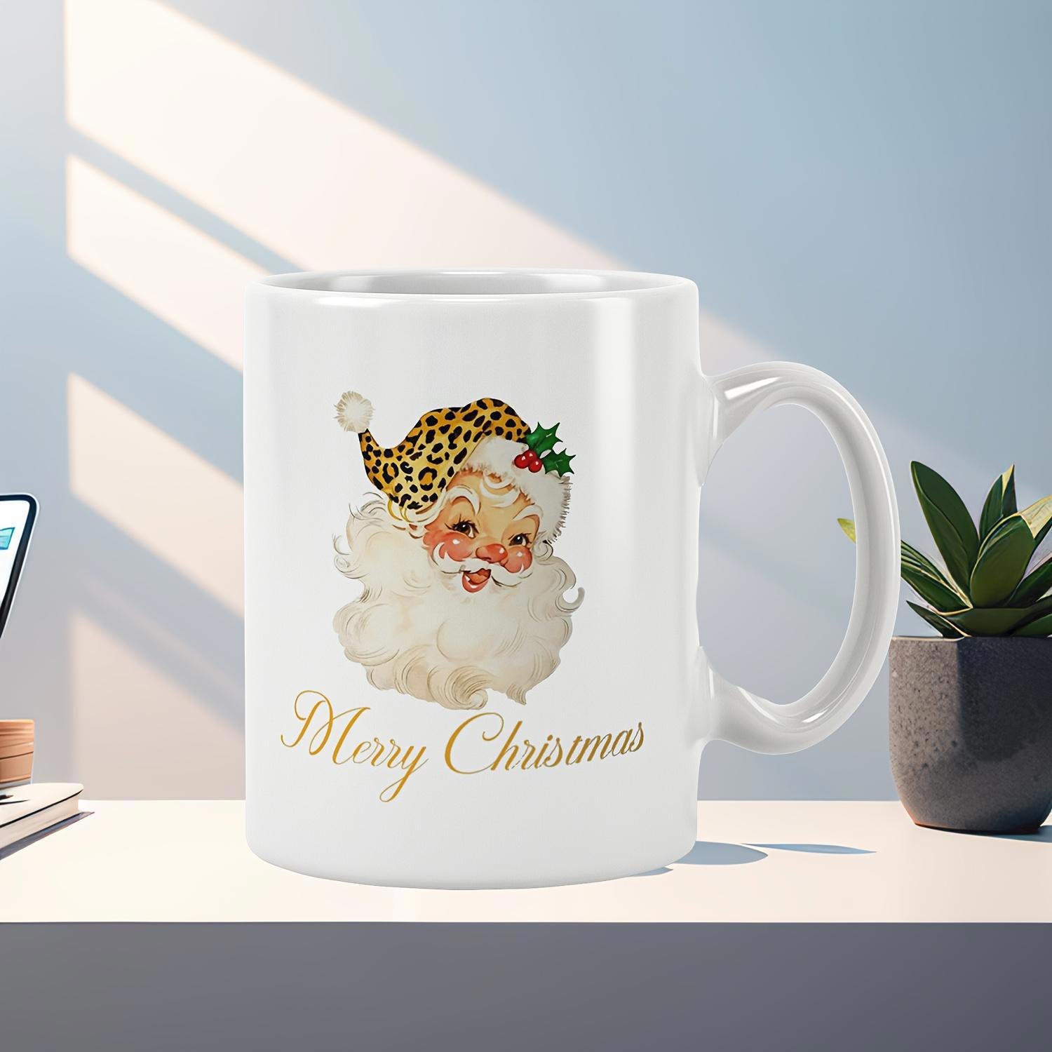 Tailorly White Ceramic 11 oz Mug - Merry Christmas Vintage Style Figure With Trendy Leopard Pattern Hat And Holly Santa