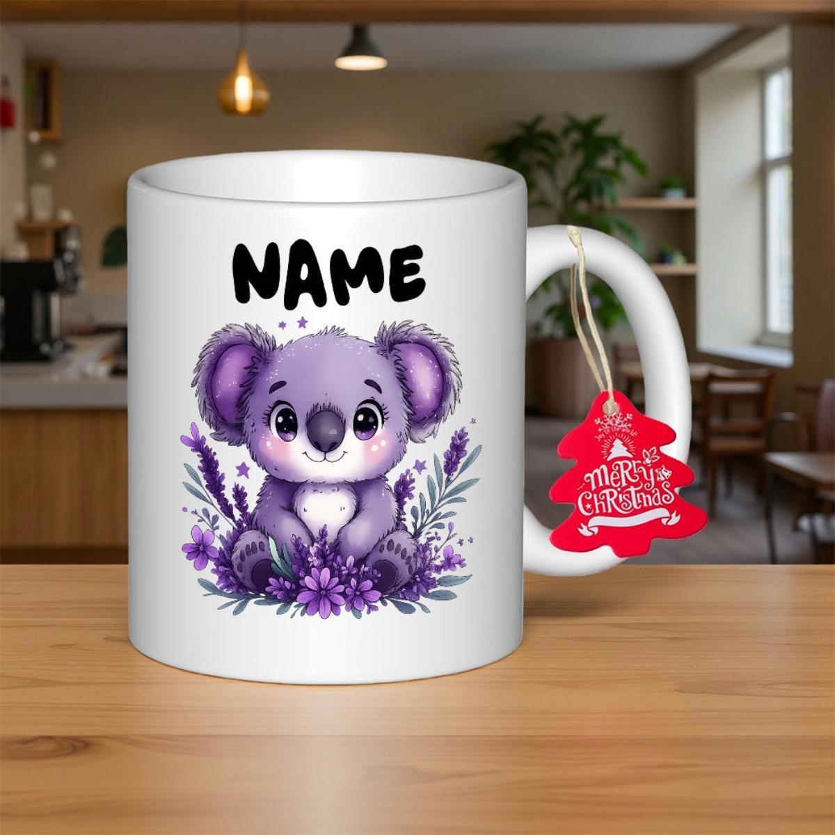 Tailorly White Ceramic 11 oz Mug - Name Adorable Purple Cartoon Character Sitting Peacefully Among Lush Lavender Flowers Koala