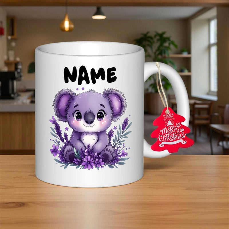 Tailorly White Ceramic 11 oz Mug - Name Adorable Purple Cartoon Character Sitting Peacefully Among Lush Lavender Flowers Koala