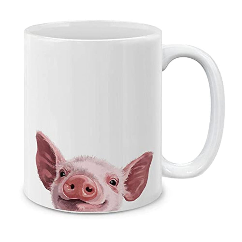 Tailorly White Ceramic 11 oz Mug - Cute Pink Peeking Farm Animal Smiling In Hand Painted Watercolor Style Pig