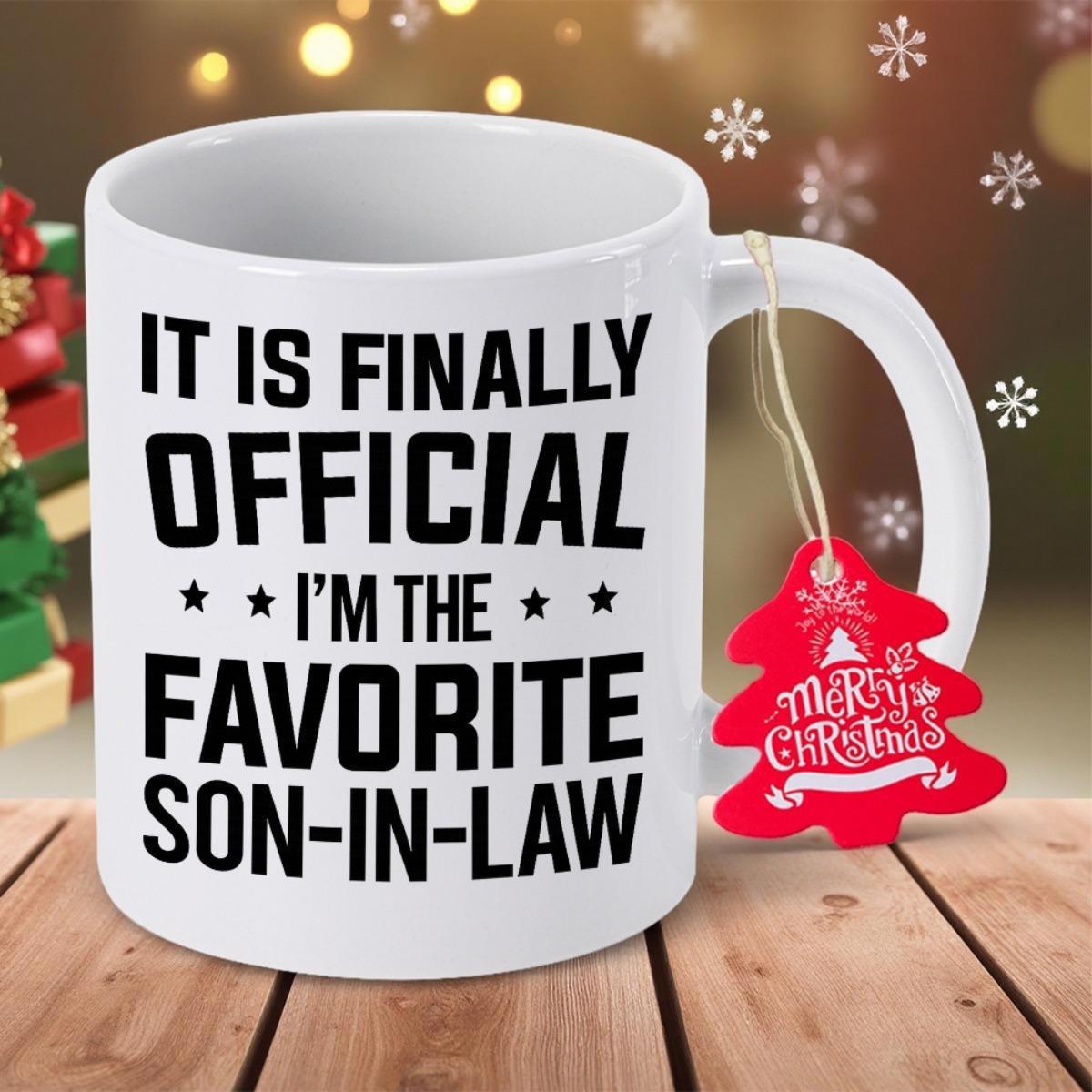 Tailorly White Ceramic 11 oz Mug - It Is Finally Official Im The Favorite Son In Law Bold Minimalist Black Typography With Symmetrical Decorative Stars On Ceramic