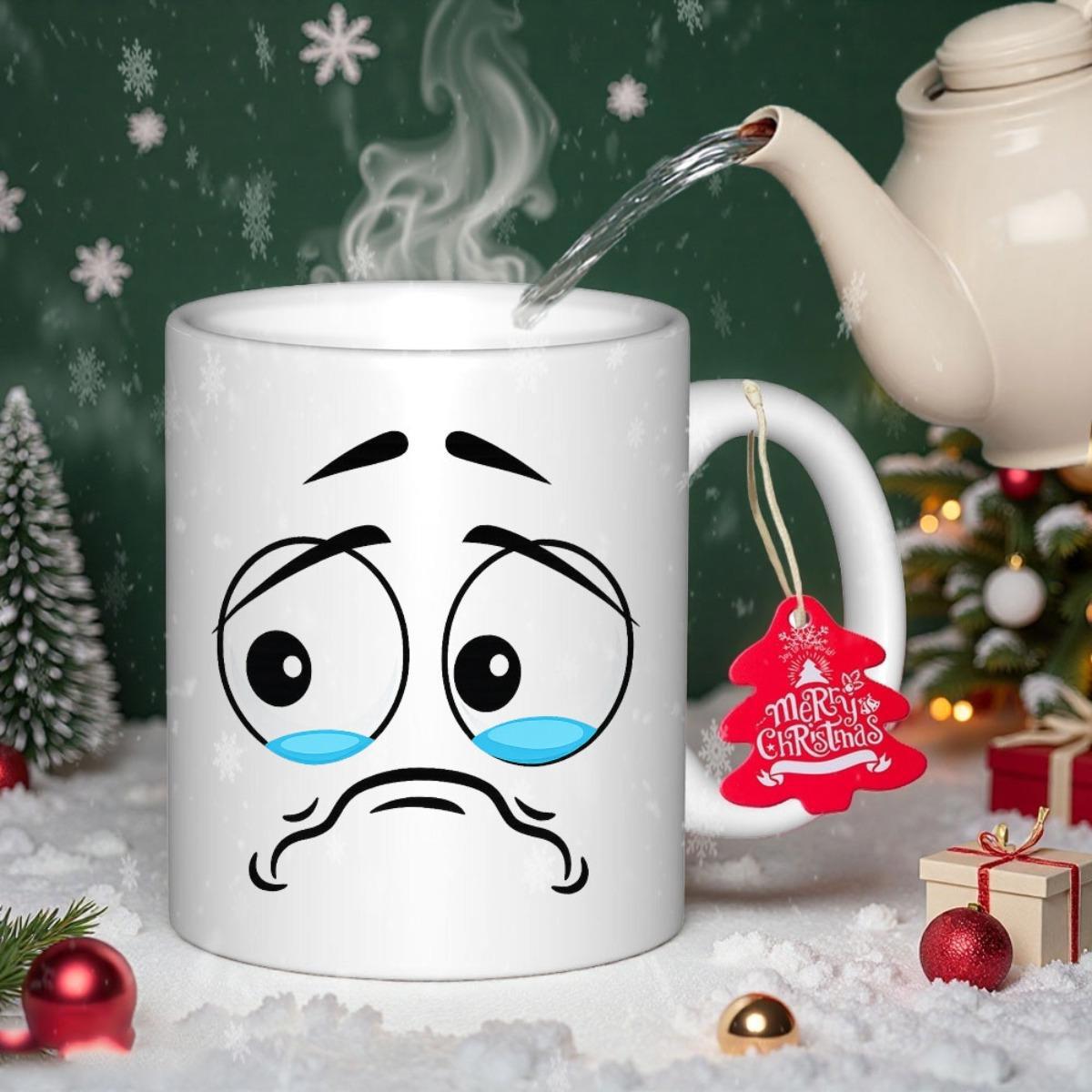 Tailorly White Ceramic 11 oz Mug - Expressive Minimalist Hand Drawn Crying Emoji With Large Blue Teardrops Face