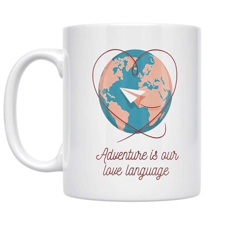 Tailorly White Ceramic 11 oz Mug - Adventure Is Our Love Language Hand Drawn Earth Featuring Delicate Heart Shaped Line And Flying Paper Airplane Globe