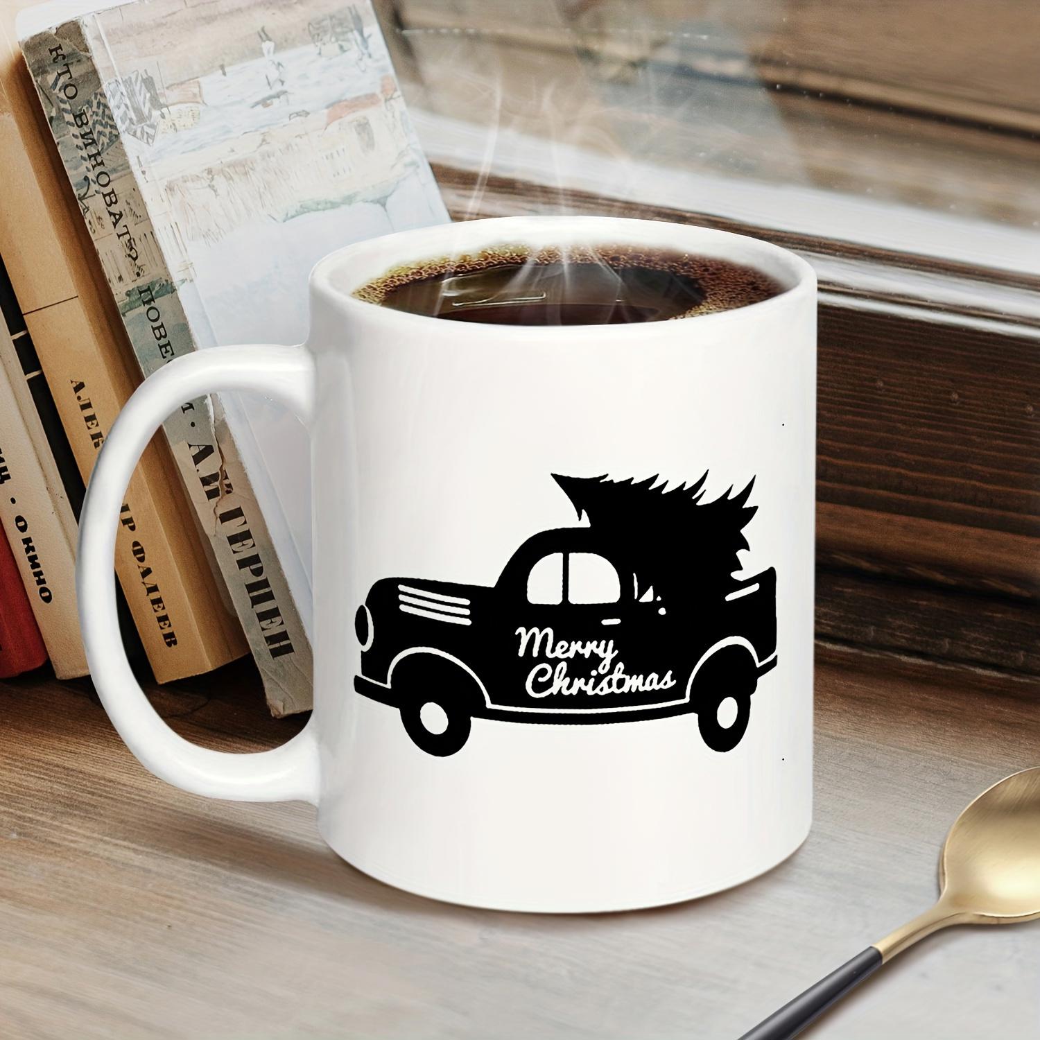 Tailorly White Ceramic 11 oz Mug - Merry Christmas Classic Vintage Style Silhouette Carrying A Festive Pine Christmas Tree Truck