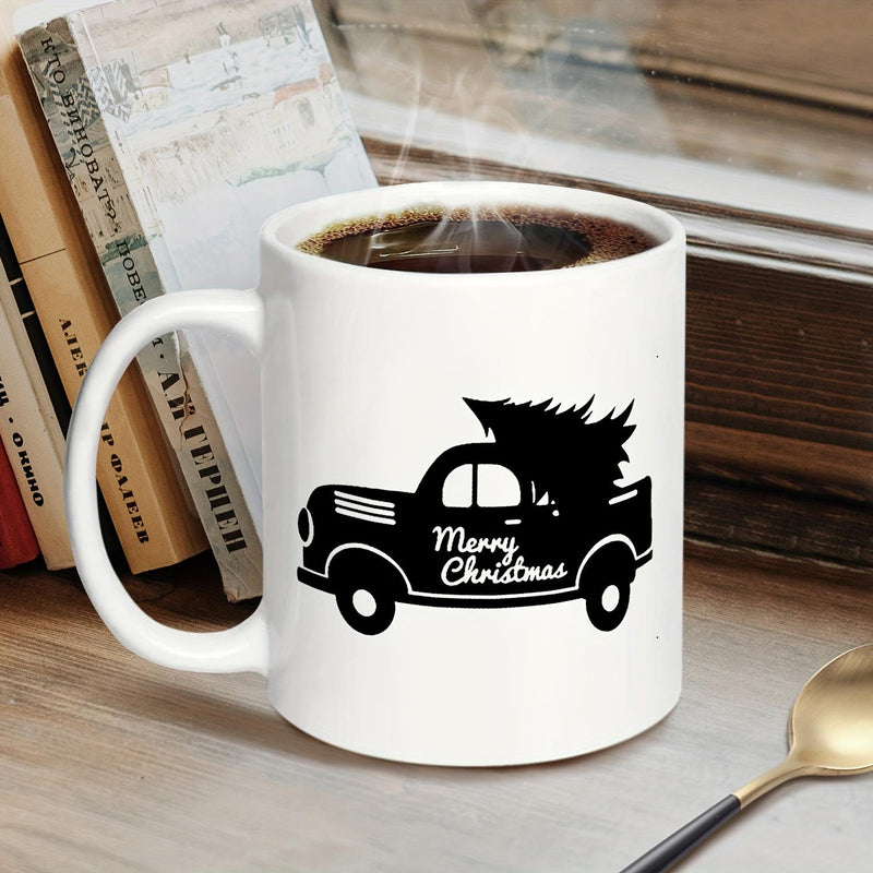 Tailorly White Ceramic 11 oz Mug - Merry Christmas Classic Vintage Style Silhouette Carrying A Festive Pine Christmas Tree Truck