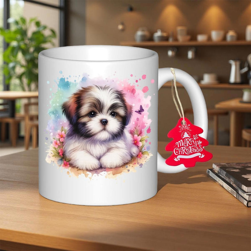 Tailorly White Ceramic 11 oz Mug - Merry Christmas Adorable Watercolor Dog Surrounded By Vibrant Pastel Artistic Paint Splashes Puppy