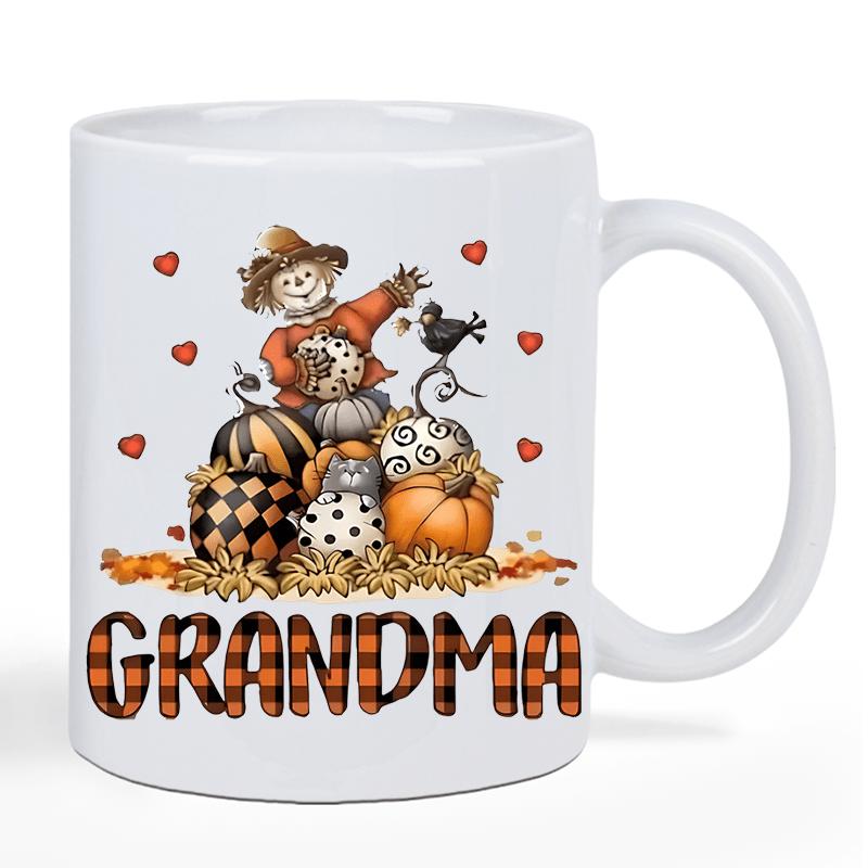 Tailorly White Ceramic 11 oz Mug - Grandma Rustic Scarecrow Perched Upon Festive Patterned Harvest Pumpkins With Floating Hearts Scarecrow
