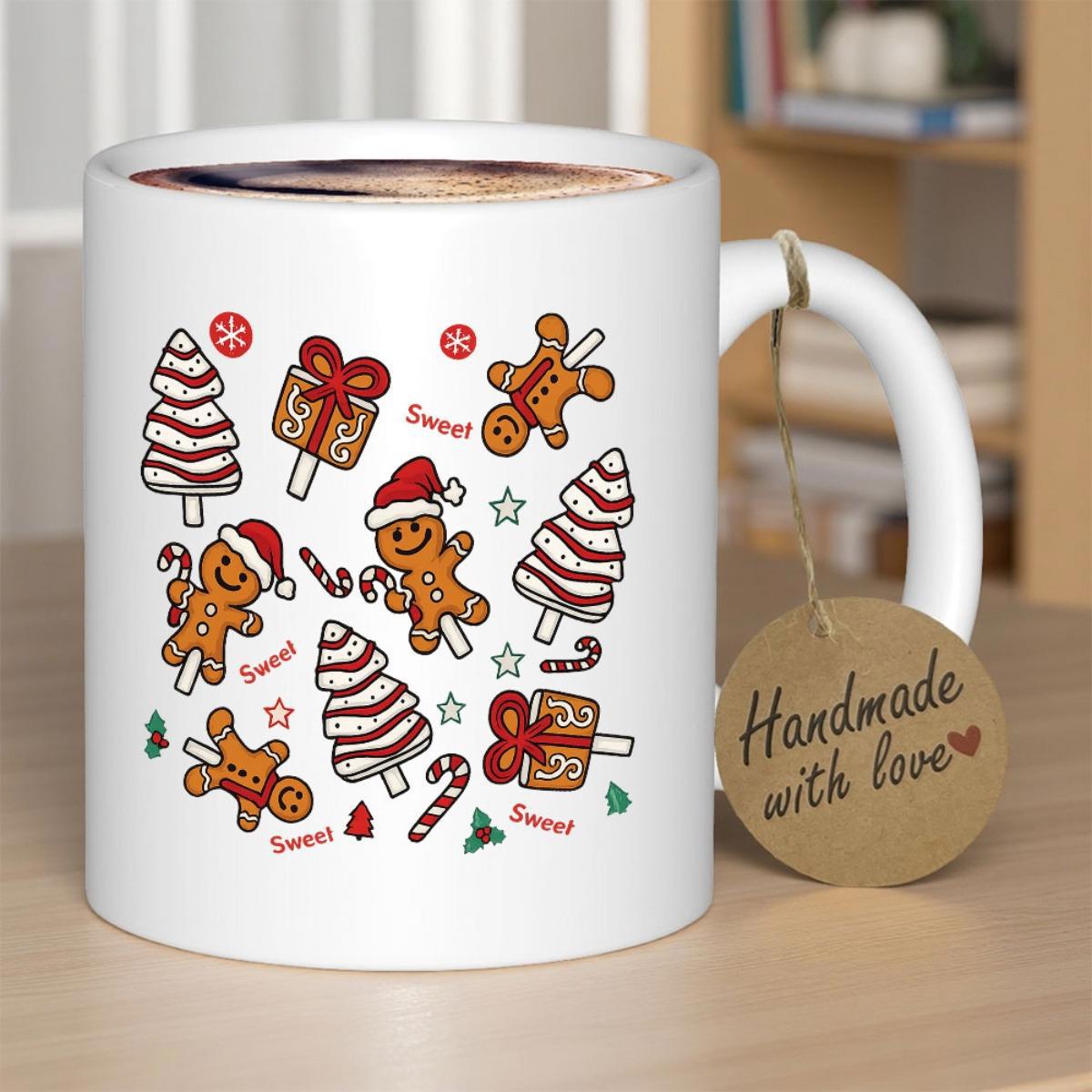 Tailorly White Ceramic 11 oz Mug - Sweet Handmade With Love Festive Pattern Of Gingerbread Cookies And Candy Canes Under Snowy Trees Gingerbread