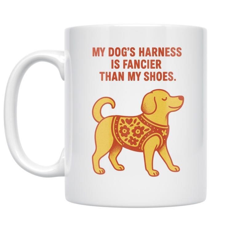 Tailorly White Ceramic 11 oz Mug - My Dogs Harness Is Fancier Than My Shoes Happy Golden Labrador Wearing A Decorative Patterned Red Floral Harness Dog