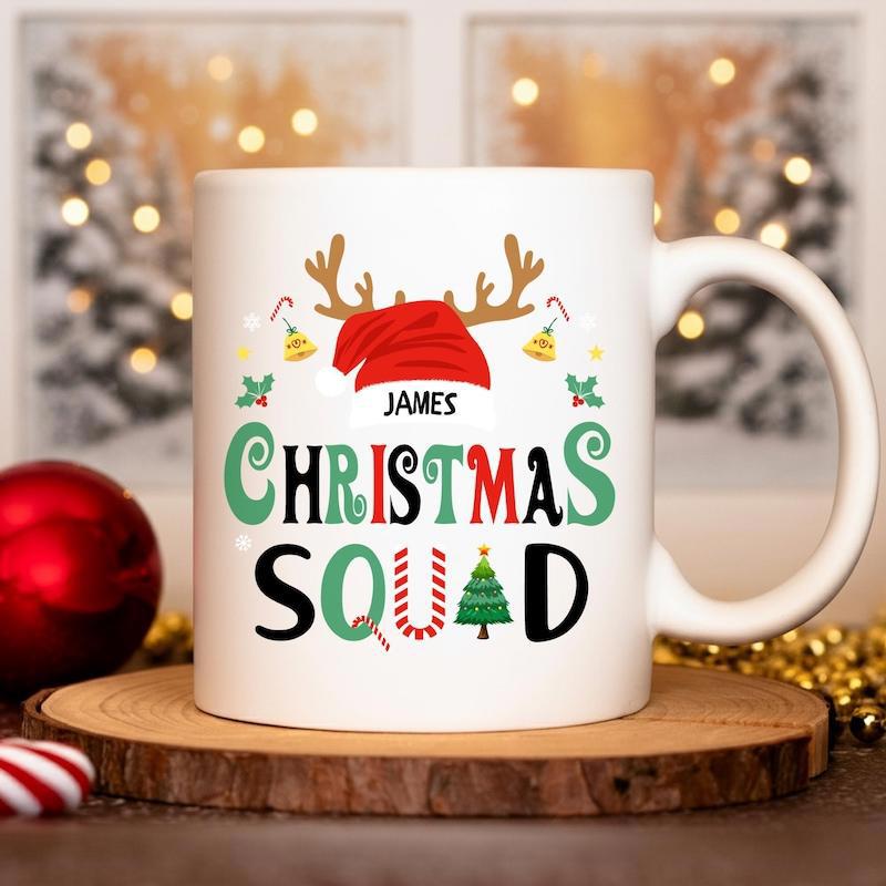 Tailorly White Ceramic 11 oz Mug - James Christmas Squad Festive Reindeer Antlers Wearing A Bright Red Santa Hat Reindeer