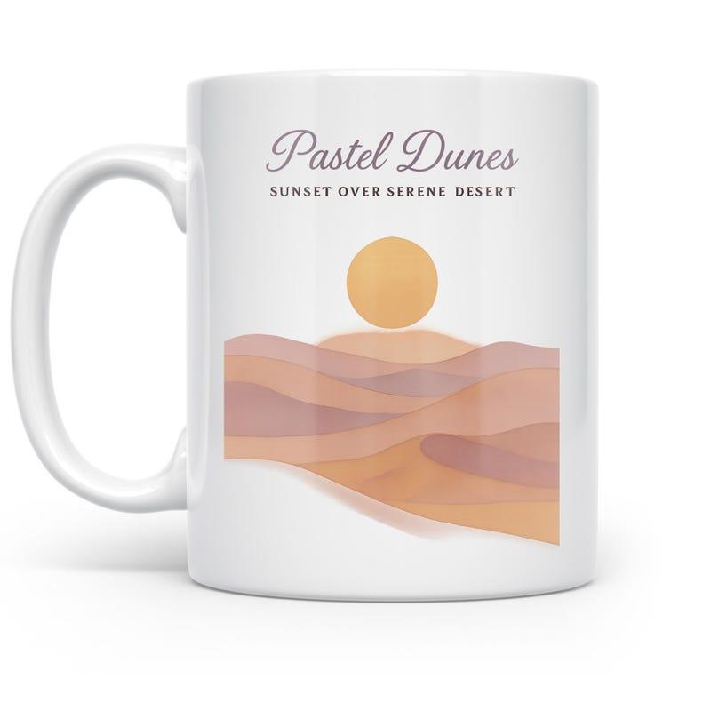 Tailorly White Ceramic 11 oz Mug - Pastel Dunes Sunset Over Serene Desert Minimalist Rolling Hills Featuring A Golden Sun Over Warm Landscape