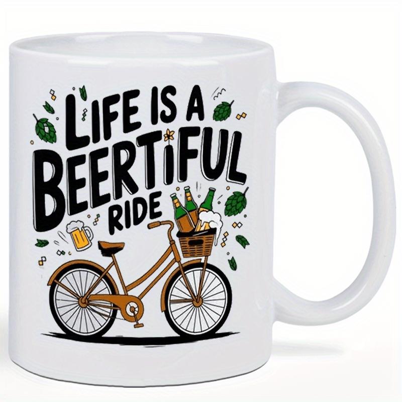 Tailorly White Ceramic 11 oz Mug - Life Is A Beertiful Ride Vintage Brown Bicycle Carrying Fresh Beer Bottles And Green Hops Elements Bicycle