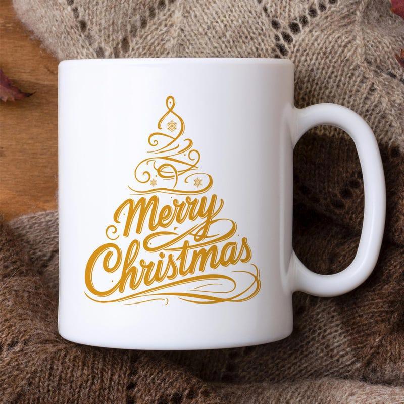 Tailorly White Ceramic 11 oz Mug - Merry Christmas Elegant Golden Swirling Lines Forming A Festive Decorative Stylized Tree