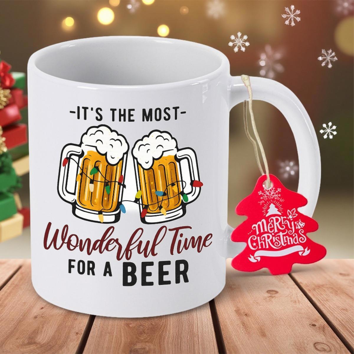 Tailorly White Ceramic 11 oz Mug - Its The Most Wonderful Time For A Beer Two Frothy Mugs Wrapped In Festive Holiday Fairy Lights Beer
