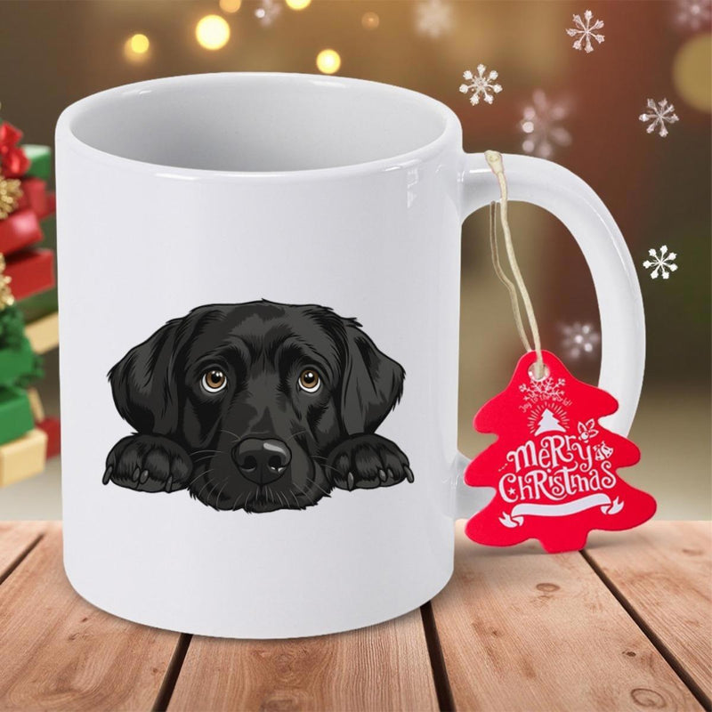 Tailorly White Ceramic 11 oz Mug - Merry Christmas Hand Drawn Cute Black Puppy Looking Forward With Gentle Eyes Labrador