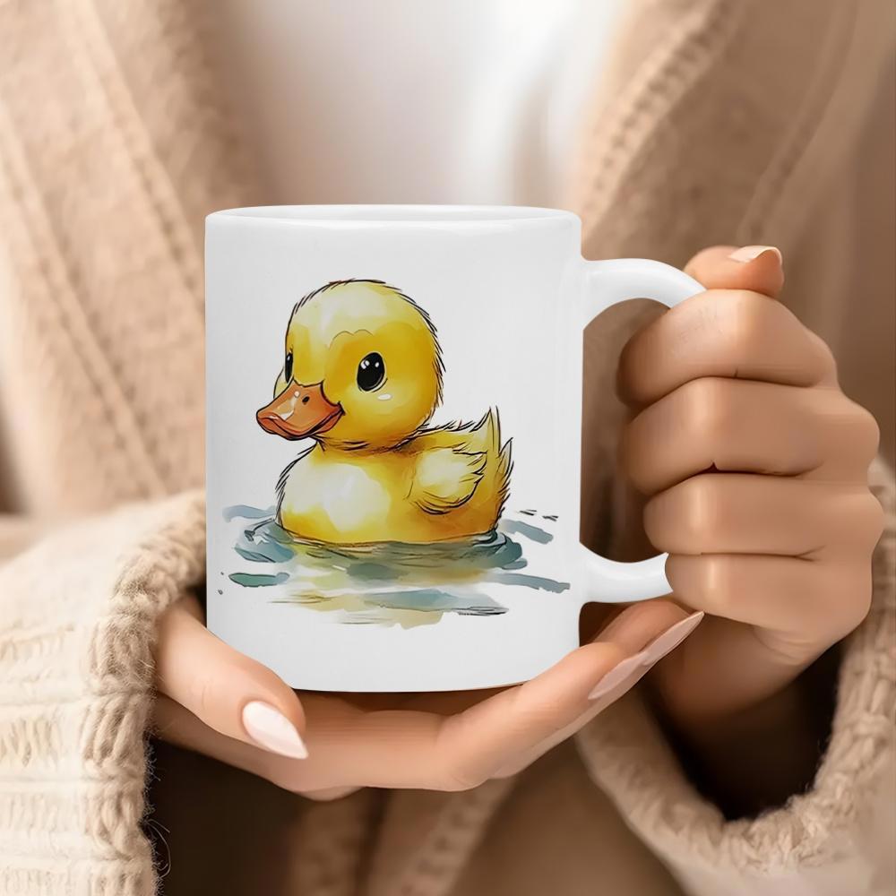 Tailorly White Ceramic 11 oz Mug - Cute Little Yellow Bird Floating Gently Over Soft Painted Water Duckling