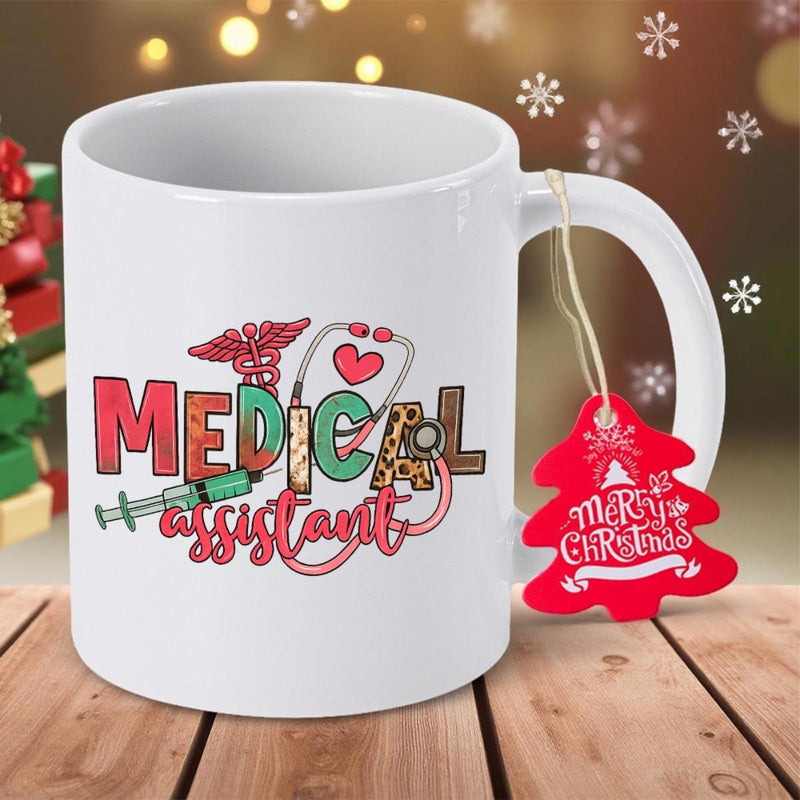 Tailorly White Ceramic 11 oz Mug - Medical Assistant Merry Christmas Leopard Print Letters With Medical Caduceus And Heart Stethoscope Mug