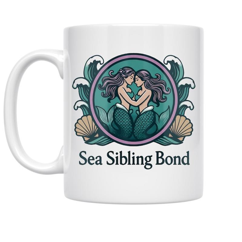 Tailorly White Ceramic 11 oz Mug - Sea Sibling Bond Two Enchanting Sisters Amidst Crashing Ocean Waves And Shells Mermaid