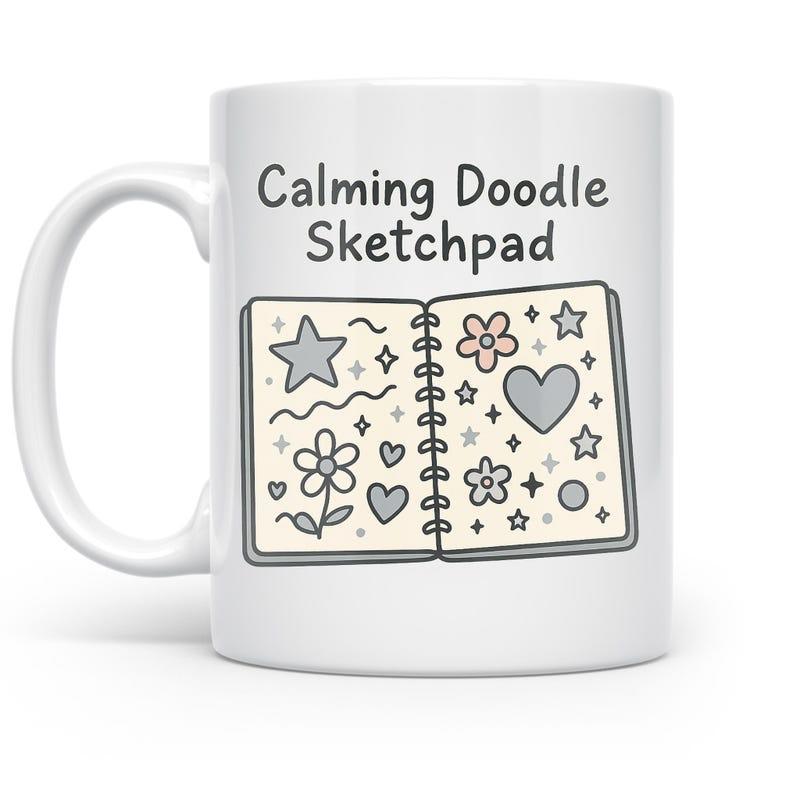 Tailorly White Ceramic 11 oz Mug - Calming Doodle Sketchpad Hand Drawn Open Notebook Featuring Decorative Hearts Stars And Flowers Sketchpad