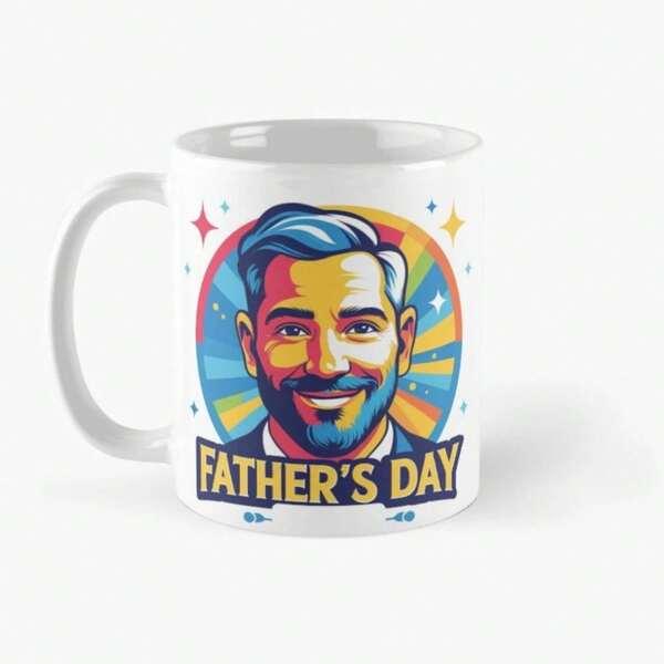Tailorly White Ceramic 11 oz Mug - Father's Day Colorful Vibrant Sunburst With Twinkling Stars Surrounding A Smiling Bearded Man