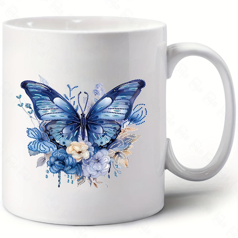 Tailorly White Ceramic 11 oz Mug - Elegant Blue Watercolor Wings Resting Among Delicate Blooming Spring Flowers Butterfly