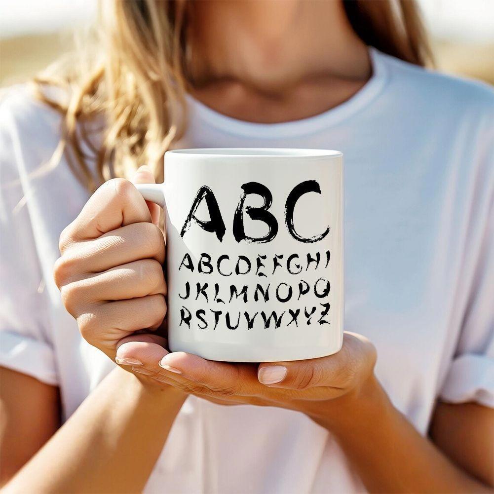Tailorly White Ceramic 11 oz Mug - ABC ABCDEFGHIJKLMNOPQRSTUVWXYZ Hand Painted Style Distressed Black Letters Arranged In Three Neat Rows Alphabet