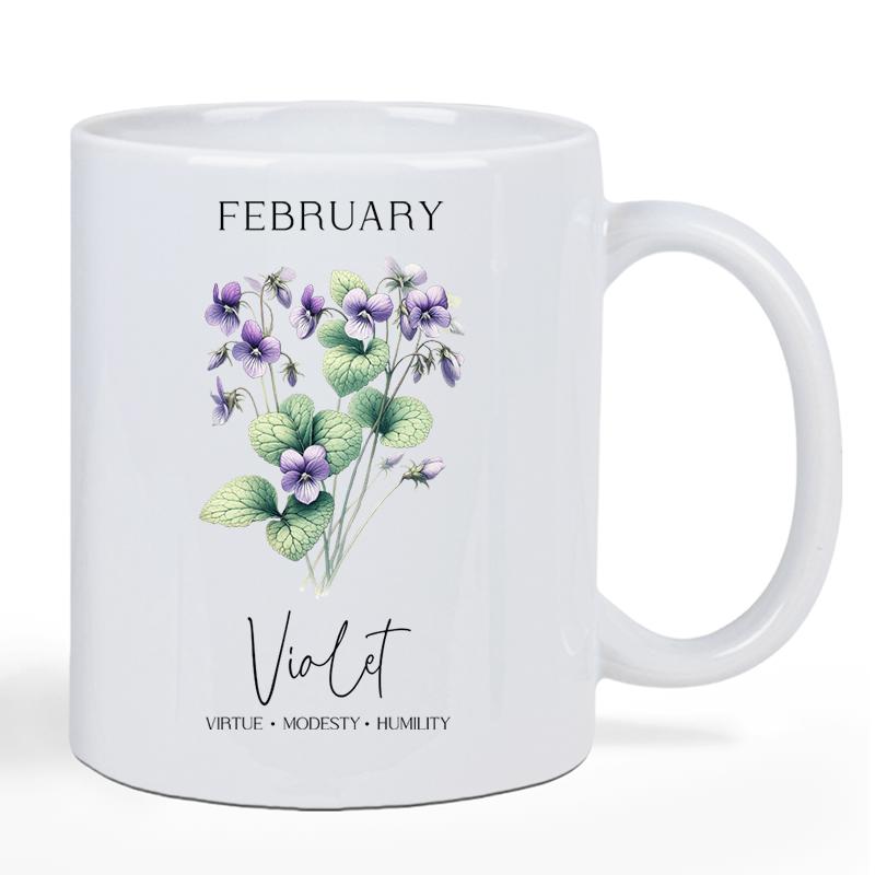 Tailorly White Ceramic 11 oz Mug - February Violet Virtue Modesty Humility Blooming Purple Floral Petals Surrounded By Lush Green Leaves Botanical Art Violet