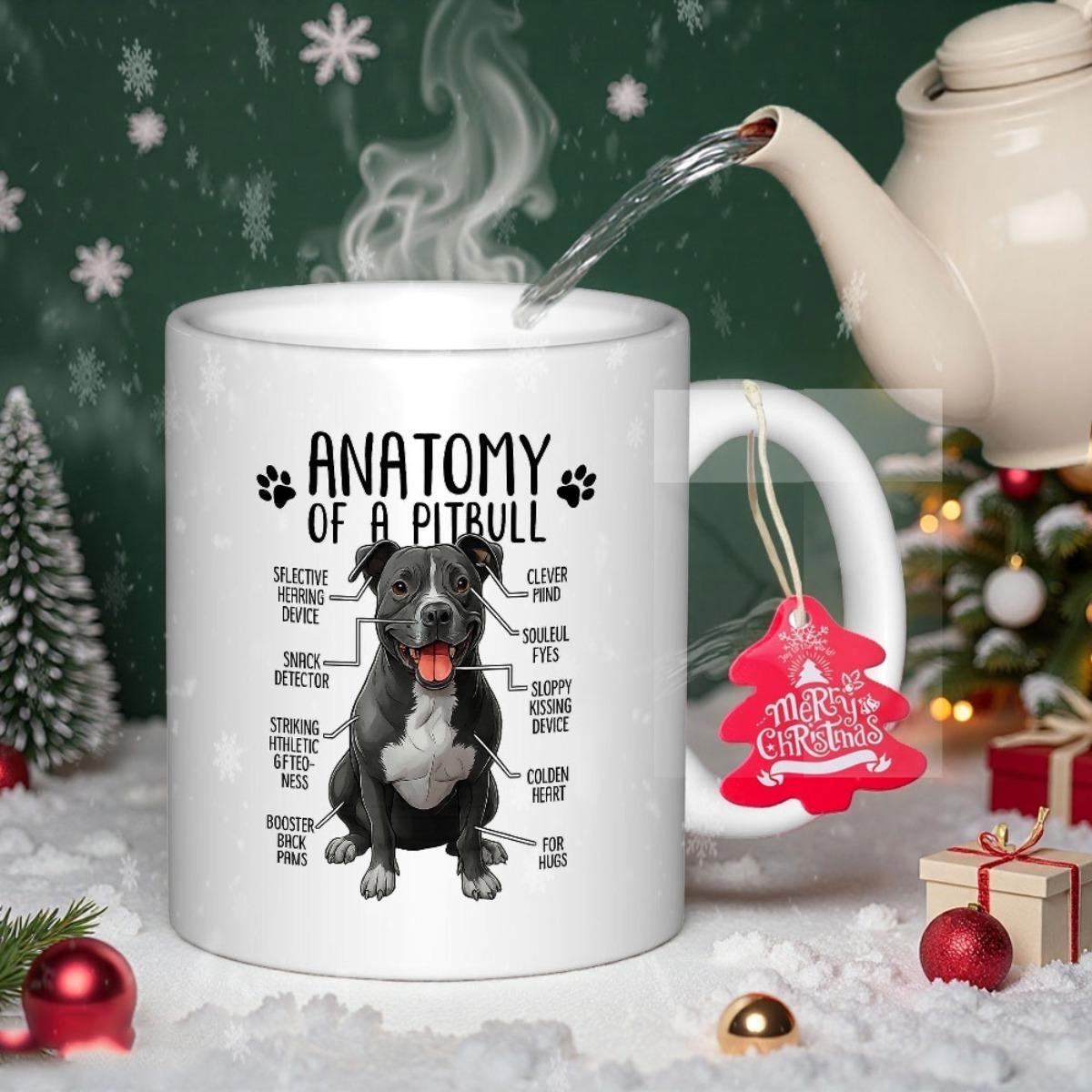 Tailorly White Ceramic 11 oz Mug - Anatomy Of A Pitbull Detailed Anatomical Illustration Of A Loyal Sitting Domestic Animal Pitbull