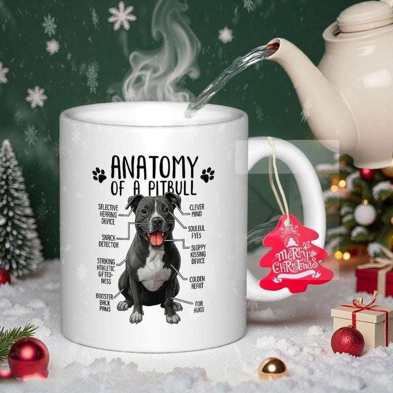 Tailorly White Ceramic 11 oz Mug - Anatomy Of A Pitbull Detailed Anatomical Illustration Of A Loyal Sitting Domestic Animal Pitbull