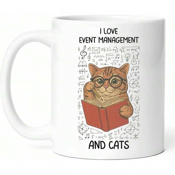 Tailorly White Ceramic 11 oz Mug - I Love Event Management And Cats Ginger Tabby Wearing Glasses Reading Red Book Amidst Scientific Formulas Cat