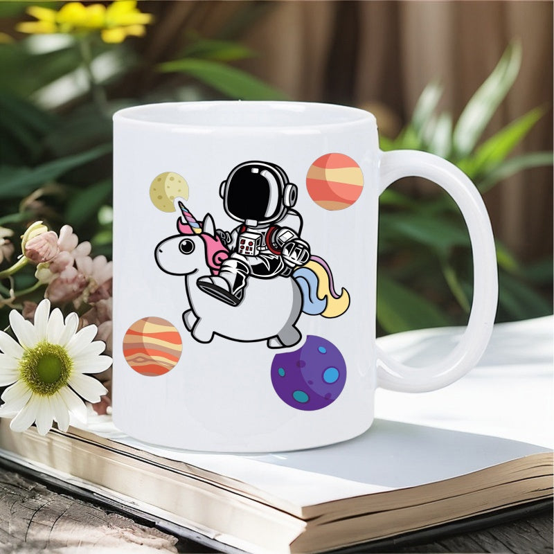 Tailorly White Ceramic 11 oz Mug - Whimsical Space Traveler Riding A Magical Unicorn Among Vibrant Colorful Galactic Planets Astronaut