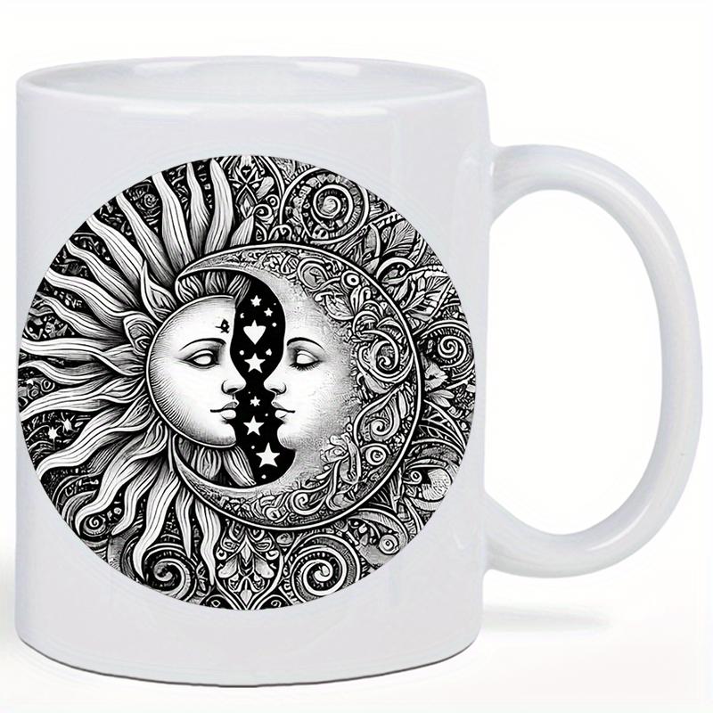 Tailorly White Ceramic 11 oz Mug - Intricate Celestial Design Featuring Personified Crescent Moon And Mystical Shining Stars Sun