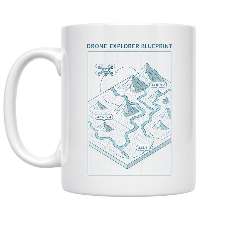 Tailorly White Ceramic 11 oz Mug - Drone Explorer Blueprint Detailed Blueprint Map Featuring Winding Rivers And Rugged Mountain Peaks Drone