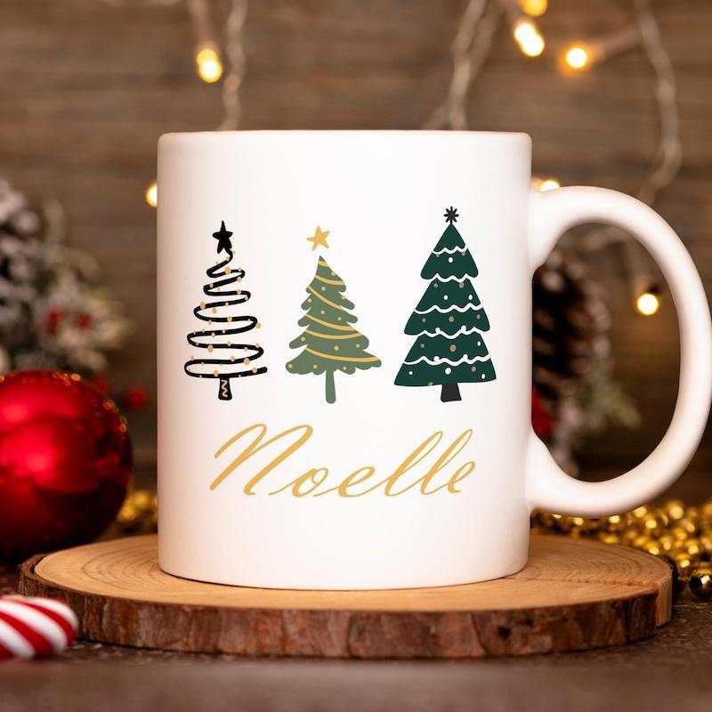 Tailorly White Ceramic 11 oz Mug - Noelle Festive Stylized Evergreen Forest With Golden Stars Standing In Rows Tree