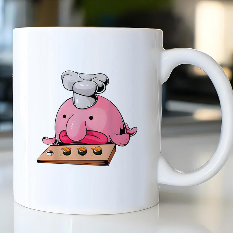 Tailorly White Ceramic 11 oz Mug - Whimsical Pink Cartoon Character Preparing Fresh Sushi At A Wooden Counter Blobfish