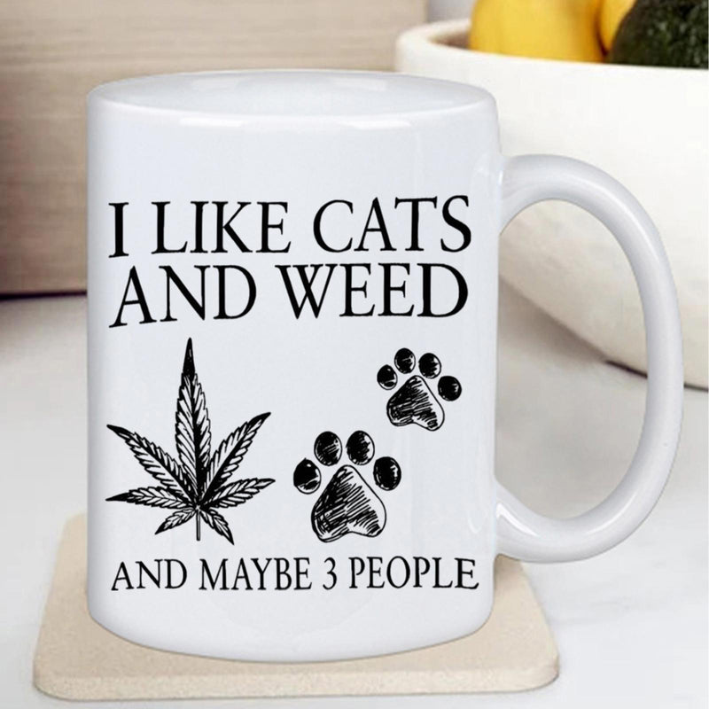 Tailorly White Ceramic 11 oz Mug - I Like Cats And Weed And Maybe 3 People Minimalist Leaf And Paw Prints On A Clean Simple White Sign