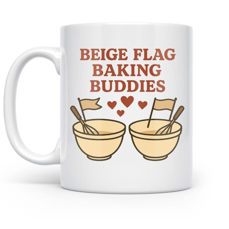 Tailorly White Ceramic 11 oz Mug - Beige Flag Baking Buddies Two Mixing Bowls With Whisks And Flags Under Floating Hearts Bowl