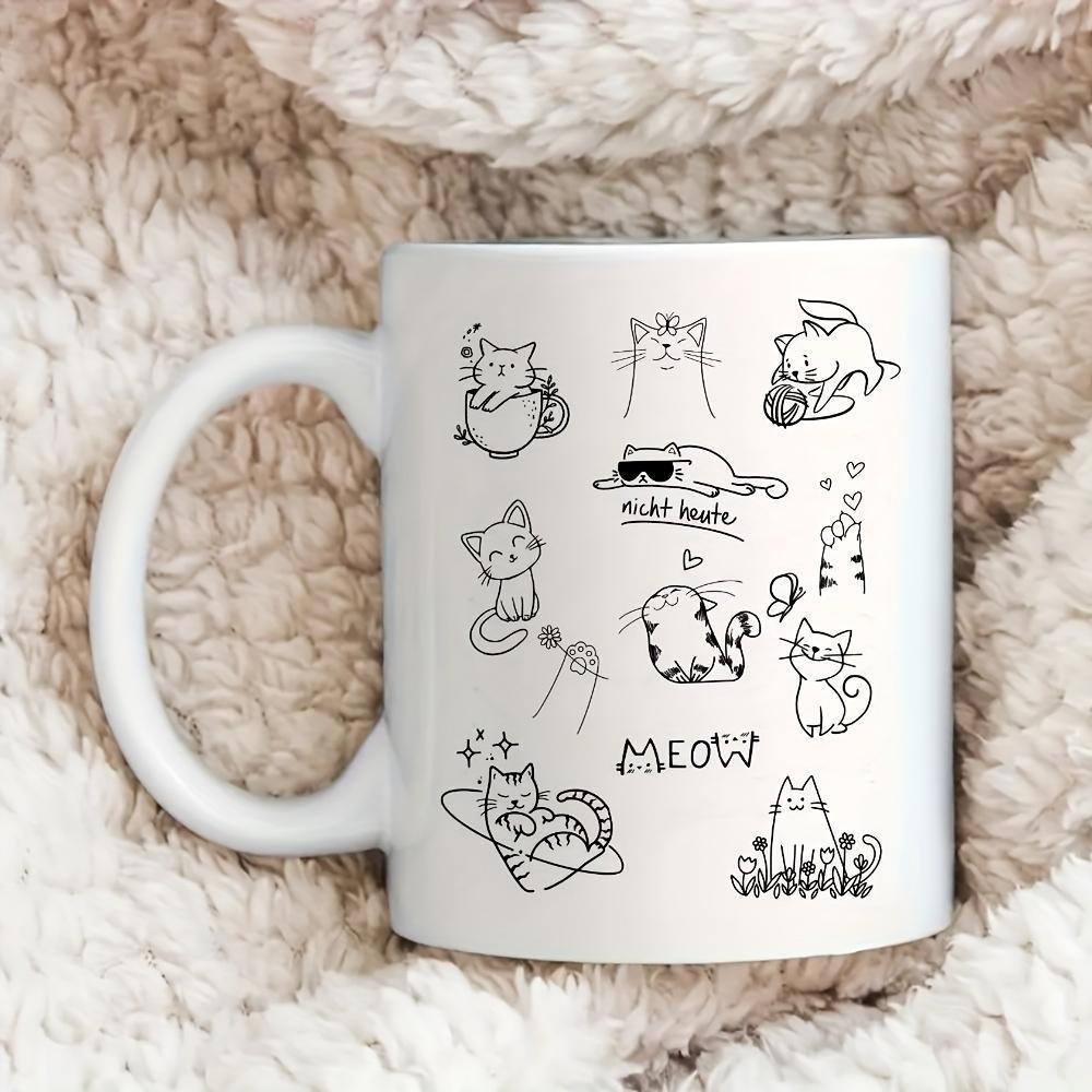 Tailorly White Ceramic 11 oz Mug - Meow Not Today Minimalist Black Line Art Doodles Of Playful Kittens Cat