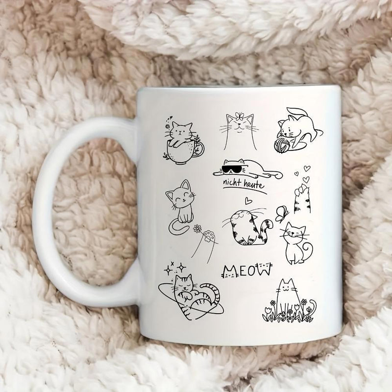 Tailorly White Ceramic 11 oz Mug - Meow Not Today Minimalist Black Line Art Doodles Of Playful Kittens Cat