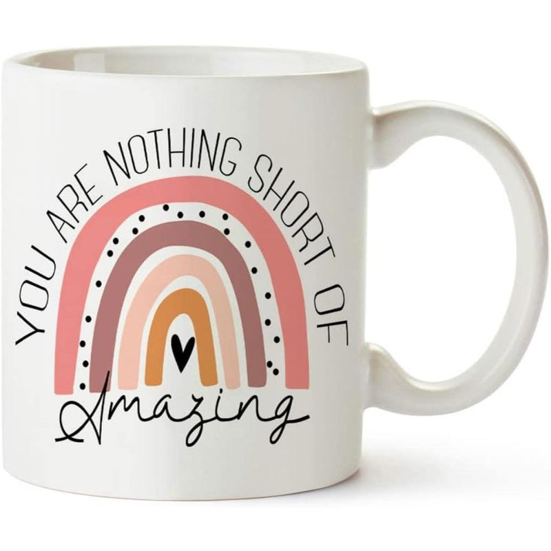 Tailorly White Ceramic 11 oz Mug - You Are Nothing Short Of Amazing Minimalist Boho Styled Earthy Tone Stripes Featuring A Small Heart Rainbow