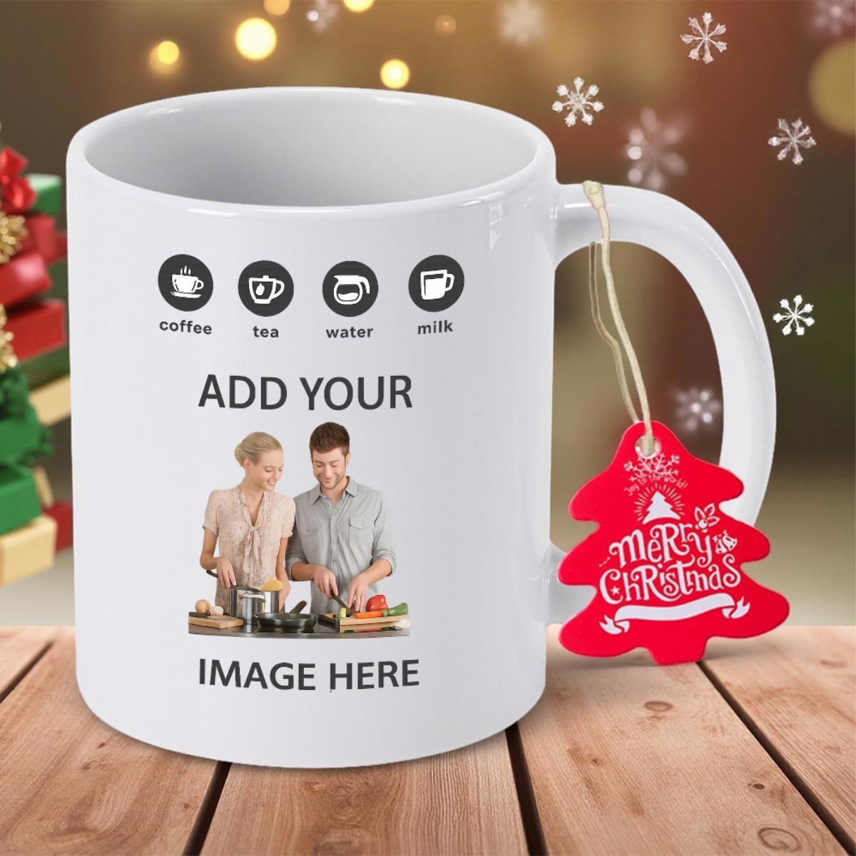 Tailorly White Ceramic 11 oz Mug - Coffee Tea Water Milk Add Your Image Here Merry Christmas Classic White Ceramic Cup With Generic Beverage Icons And Couple