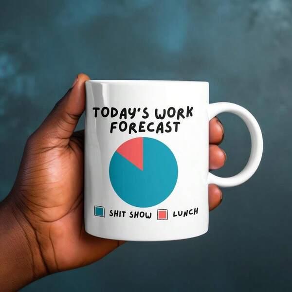 Tailorly White Ceramic 11 oz Mug - Todays Work Forecast Shit Show Lunch Minimalist Colorful Circular Pie Chart Illustrating A Relatable Office Schedule Mug