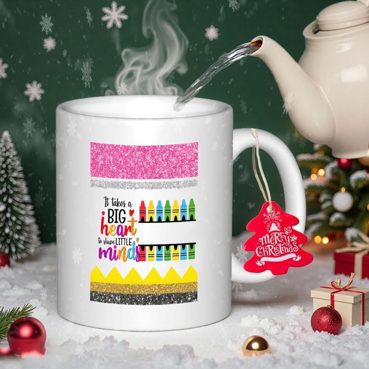 Tailorly White Ceramic 11 oz Mug - It Takes A Big Heart To Shape Little Minds Colorful Educational Theme With Sparkling Glitter And Vibrant Artistic Crayon Pencil