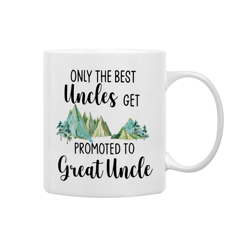 Tailorly White Ceramic 11 oz Mug - Only The Best Uncles Get Promoted To Great Uncle Scenic Green Watercolor Peaks With Lush Evergreen Pine Trees Among Wilderness