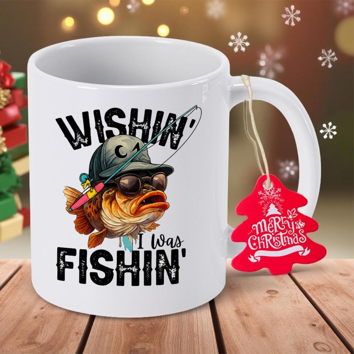 Tailorly White Ceramic 11 oz Mug - Wishin I Was Fishin Cool Cartoon Character Wearing Sunglasses And Hat Holding A Fishing Rod Bass