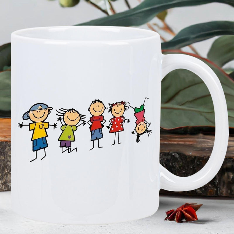 Tailorly White Ceramic 11 oz Mug - Colorful Hand Drawn Cartoon Stick Figures Dancing Together In A Row Children