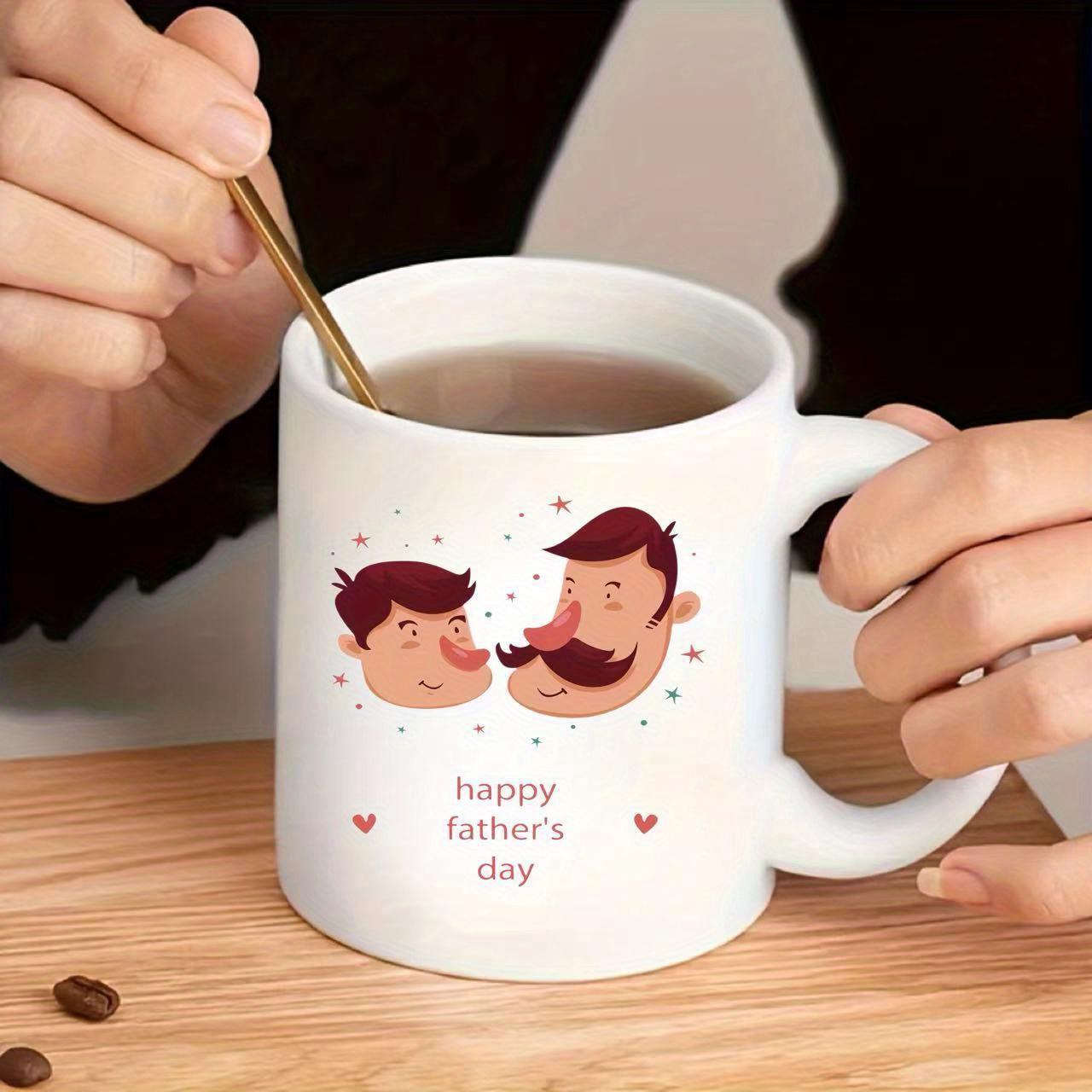 Tailorly White Ceramic 11 oz Mug - Happy Father's Day Cartoon Father With Mustache And Son Surrounded By Little Hearts Mug