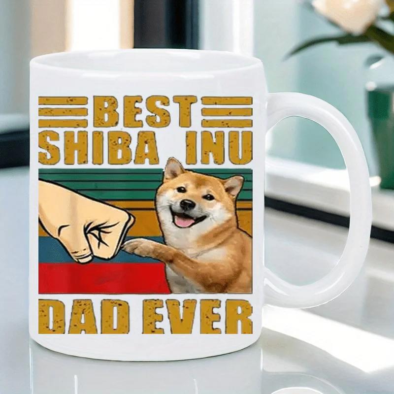 Tailorly White Ceramic 11 oz Mug - Best Shiba Inu Dad Ever Smiling Dog Giving A Fist Bump Against A Retro Sunset Background Shiba Inu
